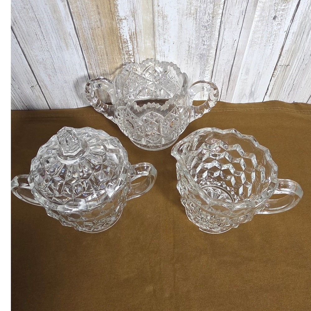 Vintage Fostoria American Clear Glass Creamer and Sugar Bowl Set Diamond Point - Picture 9 of 11